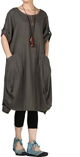 Mordenmiss Women's Cotton Linen Dresses Plus Size Summer Roll-up Sleeve Baggy Sundress with Pockets