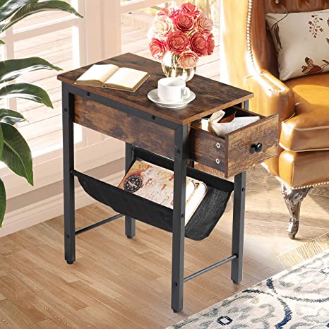 VECELO Nightstand,2-Tier End Side Table with Drawer and Storage Holder, Industrial H Shaped Snack Desk for Small Space,Sofa Couch,Living Room,Bedroom,Rustic Brown