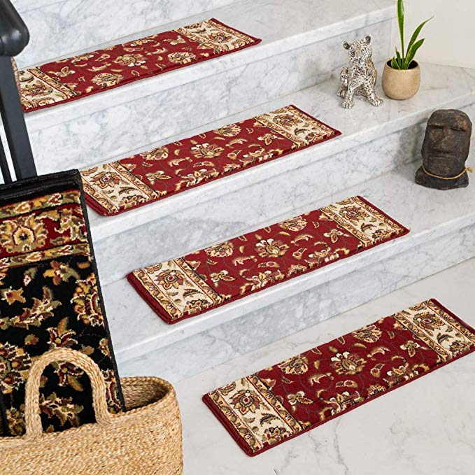 Natural Area Rugs Stellar, Polypropylene Red/Multi, Handmade Stair Treads Carpet Set of 4 (9" x 29")