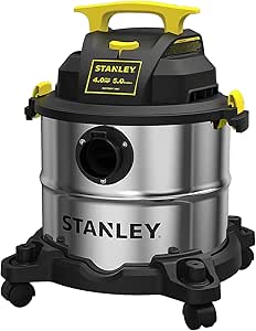 Stanley Wet Dry Vacuum, 5 Gallon Portable Shop Vacuum Wet/Dry, 4 Horsepower, Stainless Steel Tank, 4.0 HP, Silver Yellow, SL18115