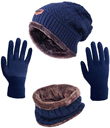 Winter Beanie Hat Scarf Gloves Slouchy Snow Knit Skull Cap Infinity Scarves Touch Screen Mittens for Women