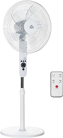 HOMCOM Ventilateur sur pied Ø 44 cm hauteur réglable oscillant silencieux 45 W avec télécommande minuterie 3 modes 3 vitesses blanc