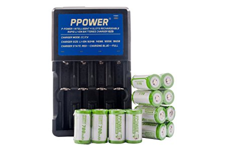 Ppower Pbe 12 packs of 700mAh 3.7v Cr123a 16340 Li-ion Rechargeable Battery   PPOWER 4 Slots Li-ion charger (PI4)   Battery boxes (12X) P-POWER CE/UL Certified for Arlo Camera, Reolink Argus, Keen, etc