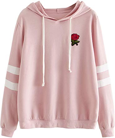 DIDK Embroidered Rose Patch Stripe Sleeve Hoodie Sweatshirt