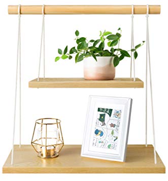 Mkono Wall Hanging Shelf Wood Floating Shelves Storage Display Swing Rope Organizer