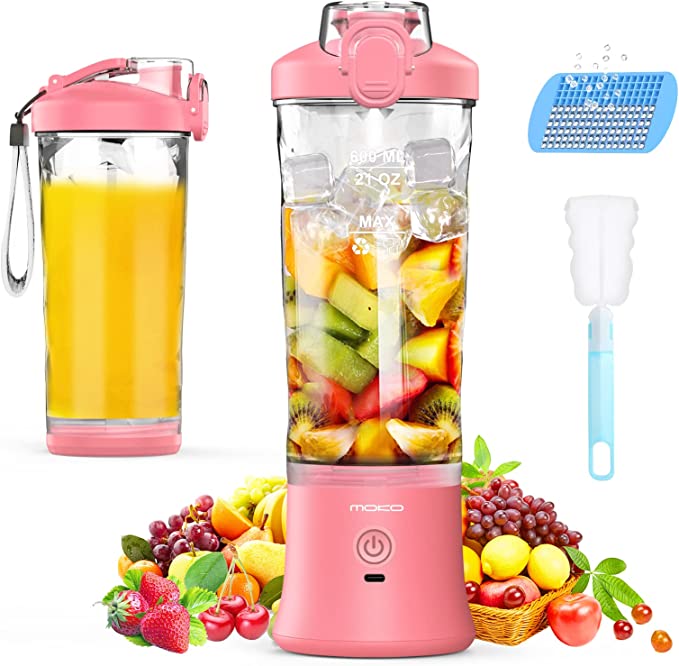 MoKo Portable Blender, 270 Watt Personal Blender for Shakes and Smoothies,21OZ Personal Blender USB Rechargeable with 6 Blades, BRA Free, Smoothie Blender for Kitchen Sports Travel and Outdoors, Pink