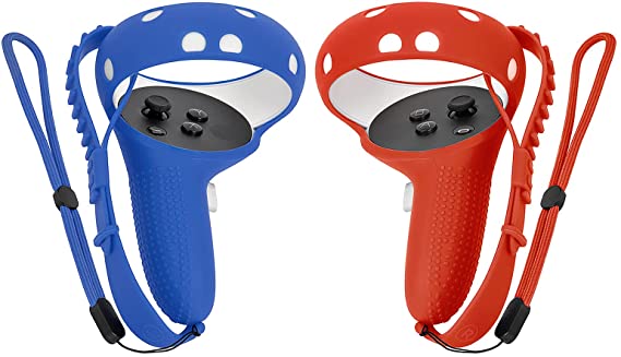 Tomsin Touch Controller Grip Cover for Oculus Quest 2, Anti-Throw Handle Silicone Sleeve Oculus Quest 2 Accessories with Adjustable Wrist Knuckle Strap (Left Blue and Right Red)