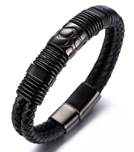 Halukakah NIGHT WATCH Men's Genuine Leather Bracelet with Titanium Clasp with Magnets 8.46"/21.5cm with FREE Giftbox