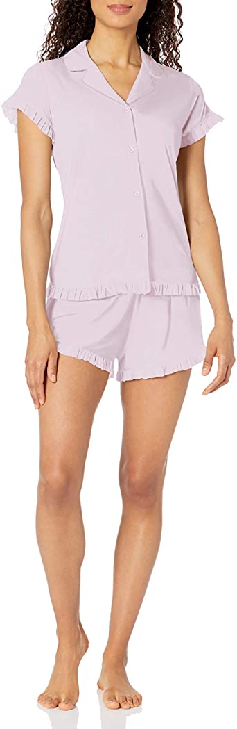 Amazon Brand - Mae Women's Notch Collar Pajama Set W/ Ruffle Detail