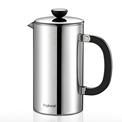 Highwin 8-Cup Double Wall Stainless Steel French Coffee Press, Durable Coffee Tea Maker with Unique Double Screens Filters, Silver