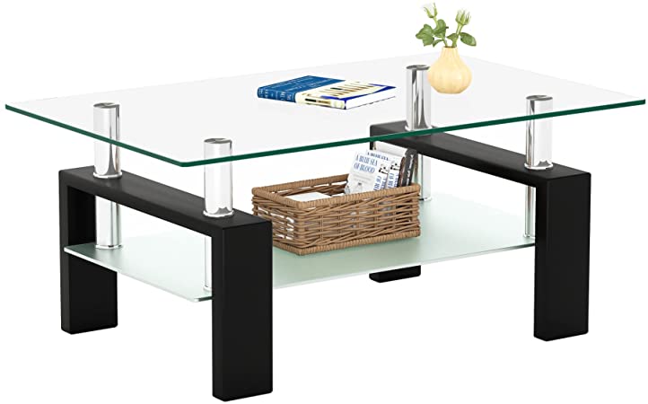 Meihua Rectangle Glass Coffee Table 2-Tier Tea Table Modern Side Coffee Table for Living Room Black