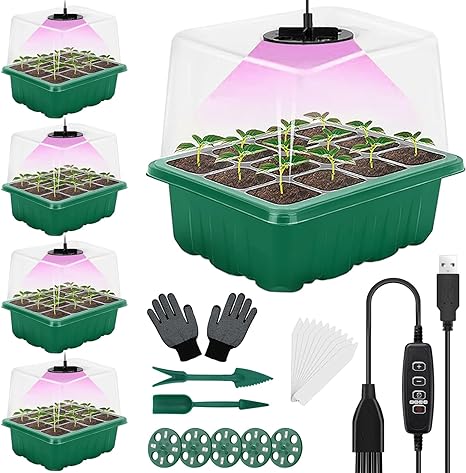 5 Pack Seed Starter Tray with Grow Light, Higher Cover Seed Starter Kit, Seedling Starter Trays with Humidity Dome, Timing, Gardening Flower Plant Germination Trays Green (60Cells)