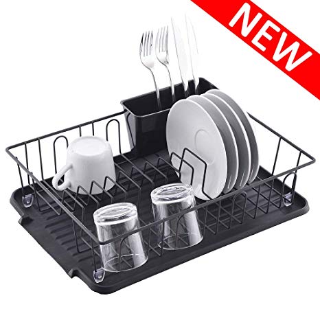 VCCUCINE Modern Kitchen Metal Wire Black Dish Drying Rack, Dish Rack with Drainboard and Cutlery Cup Utensil Organizer Holder- 16.5" x 12.2" x 3.9"