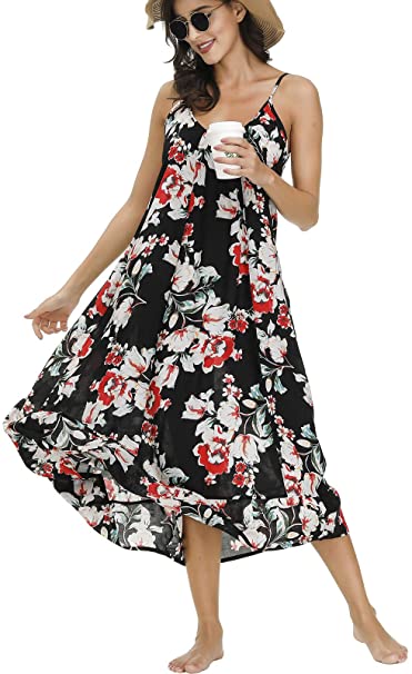 BUENOS NINOS Women's V Neck Floral Maxi Dress Boho Printed Adjustable Spaghetti Strap Ethnic Beach Long Dress with Pockets