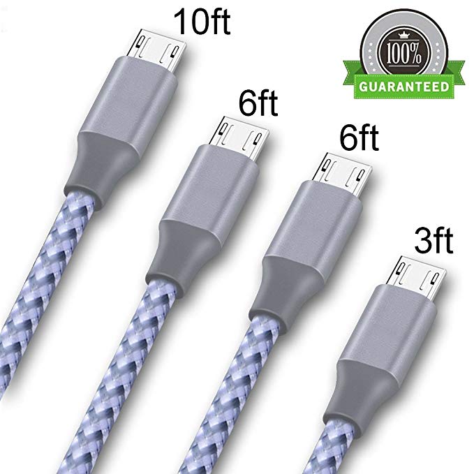 Jebe Micro USB Cable,4Pack 3FT/6FT/6FT/10FT Long Premium Nylon Braided Android Charger USB to Micro USB Charging Cable Samsung Charger Cord for Samsung Galaxy S7 Edge/S7/S6/S4/S3,Note 5/4/3(GrayWhite)