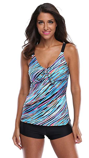 ATTRACO Women's Stripes Print Tankini Swimsuits Modest 2 Piece Swimwear Set