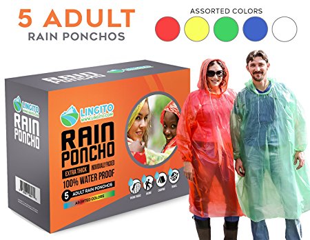 Rain Poncho: Disposable Emergency Rain Ponchos for Men , Women and Teens (5pack) Extra Thick for Multi Use