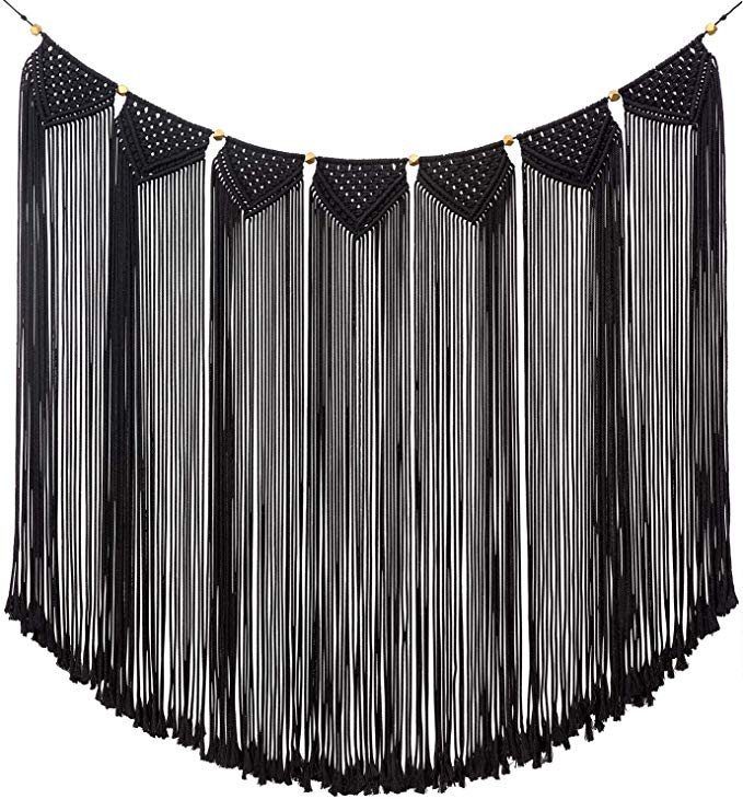 Mkono Macrame Wall Hanging Curtain Black Fringe Garland Banner Bohemian Wall Decor Woven Home Decoration for Apartment Bedroom Living Room Gallery Baby Nursery