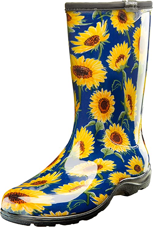 Sloggers Waterproof Garden Rain Boots for Women - Cute Mid-Calf Mud & Muck Boots with Premium Comfort Support Insole, (Sunflower Blue), (Size 11)