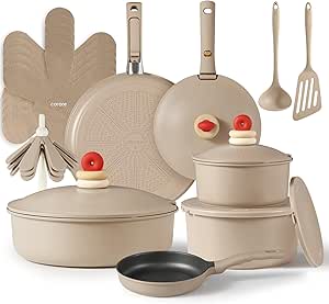 CAROTE 24pcs Pots and Pans Set Non Stick, Nonstick Cookware Set, Oven/Dishwasher/Fridge Safe Pots and Pans, RV Safe Cookware, Induction Kitchen Gift Set Detachable Handle, Brown