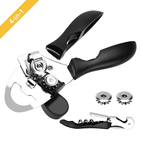 Premium 4-IN-1 Manual Can Opener with Corkscrew & 2 Spare Blades, Professional Duty Stainless Steel, Ergonomically Designed Handle, Ultra Sharp Cutting Tool-Black