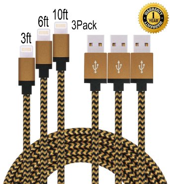 IFaxnn 3pcs 3FT 6FT 10FT Lightning Cable Premium Popular Nylon Braided Charging Cable Extra Long USB Cord for iphone 6s, 6s plus, 6plus, 6,5s 5c 5,iPad Mini, Air,iPad5,iPod (black coffee).