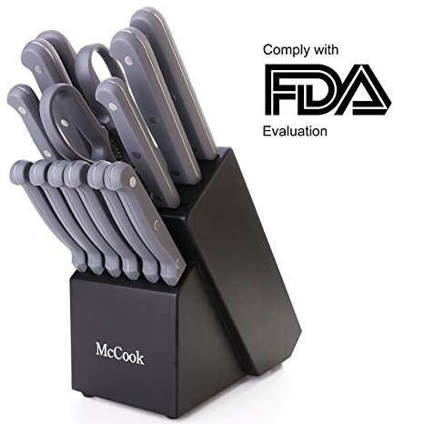 McCook MC32 14 Pieces FDA Certified Knife Block Set with All-purpose Kitchen Shears, Sharpening Steel and Pine Wood Block (Grey)