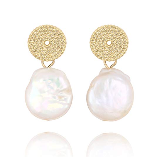 Baroque Pearl Stud Earrings-14K Gold Tone Hammered Disc Drop Statement Women Earring Gifts