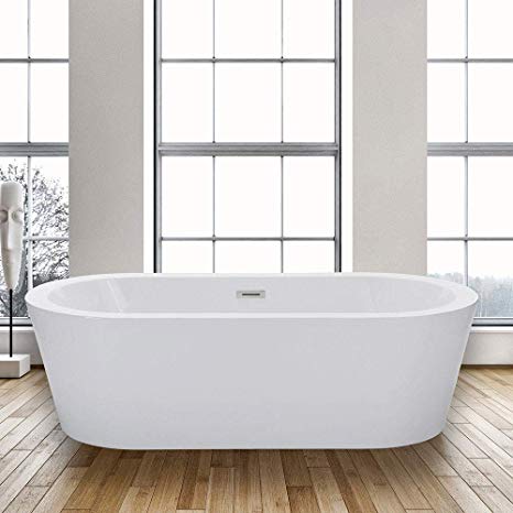 WOODBRIDGE BTA-1504 Acrylic Freestanding Bathtub Contemporary Soaking Tub with Brushed Nickel Overflow and Drain, BTA1504, 67" B-0002