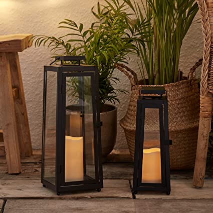 Lights4fun, Inc. Set of 2 Black Metal Solar Powered LED Fully Weatherproof Outdoor Garden & Patio Flameless Candle Lanterns