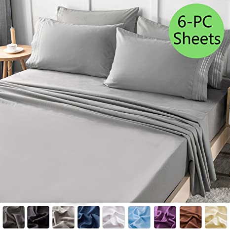 LIANLAM King 6 Piece Bed Sheets Set - Super Soft Brushed Microfiber 1800 Thread Count - Breathable Luxury Egyptian Sheets Deep Pocket - Wrinkle and Hypoallergenic(King, Grey)