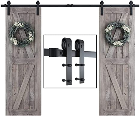 SMARTSTANDARD 9 Feet Heavy Duty Double Sliding Barn Door Hardware Kit-Smoothly and Quietly-Includes Detailed Installation, Fit 27" Wide Doorpanel (J Shape Hanger) Black