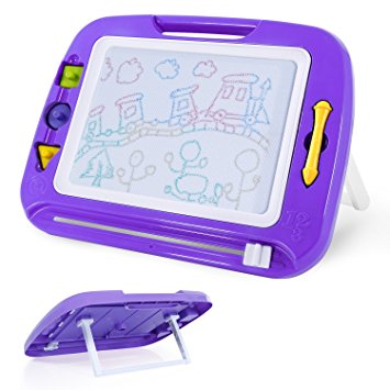 SGILE 16.3X12.8" Kids Magna Drawing Board Toy with Foldable Stand Foothold 3 Stamps, Non-toxic Magnetic Doodle Sketch Pad Painting Writing for Toddlers Preschooler Learning Development, Purple