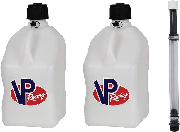 VP Racing Fuels 5-Gallon Square Motorsport Utility Container White w/ 14" Standard Hose (2 Pack) Close-Trimmed Cap and Neck for Tight Seal
