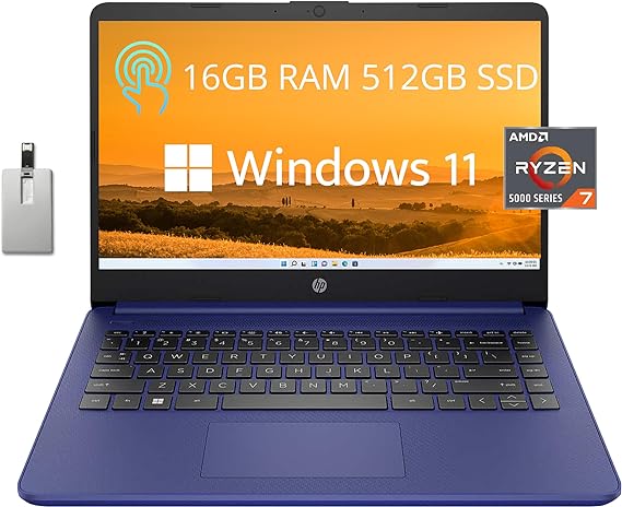 HP 14” HD Touchscreen Laptop, AMD Ryzen 7-5700U, 16GB RAM, 512GB PCIe SSD, AMD Radeon Graphics, HD Webcam, WI-FI 6, Bluetooth, HDMI, Blue, Windows 11, 32GB USB Card