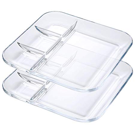 FOYO Tempered Glass Divided Transparent Salad Platter, 10'' Lunch/Dinner Dish for Dividing Sauces/Jam/Side Dish and Food - Healthy Lifestyle Dinnerware