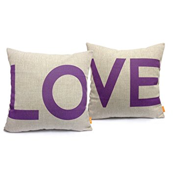 Ojia 18 X 18" Cotton Linen Decorative Couple Throw Pillow Cover Cushion Case Couple Pillow Case with Gift Card, Set of 2 - Love (Purple)
