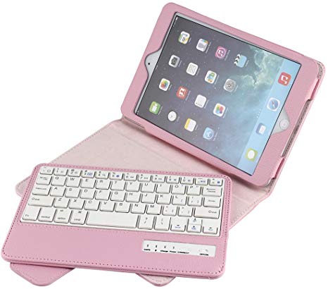 Eoso Folding Leather Folio Cover with Removable Bluetooth Keyboard for iPad Mini 1/2/3/4/5 (Pink)