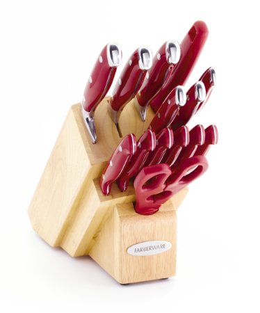 Farberware 15-Piece Professional Forged Triple Rivet Cutlery Set (Red with Natural Block)