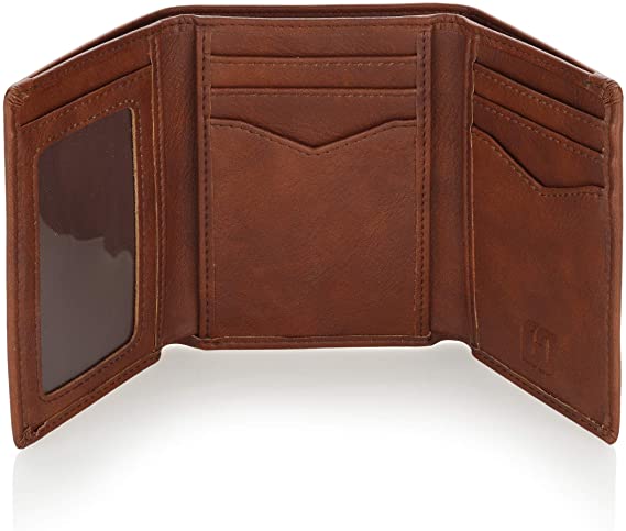 Handsome Factory Trifold Wallet - Men's Slim Minimalist Money Holder - 12  Credit Cards, 15  Cash Bills Capacity - Heavy Duty, Stylish Storage with RFID Blocking Protection, Clear Window (Brown)
