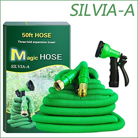 SILVIA-A 50ft Garden Hose-Expandable Water Hose with Double Latex Core, 3/4'' Solid Brass Connector, Bonus 8 Way Spray Nozzle(Green)