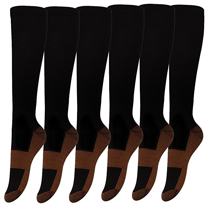6 Pack Copper Knee High Compression Support Socks For Women and Men - Best Medical, Nursing, Maternity Pregnancy and Travel Socks - 15-20mmHg