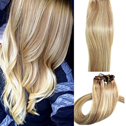 Myfashionhair Clip in Hair Extensions Real Human Hair Extensions 18 inches 70g Clip on for Fine Hair Full Head 7 pieces Silky Straight Weft Remy Hair (18 inches, #27-613)