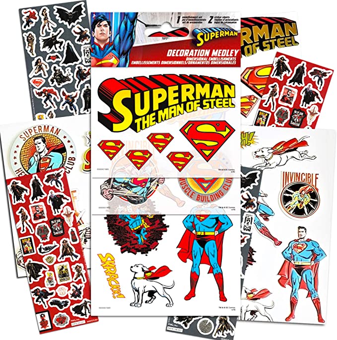 DC Comics Superman Stickers Party Supplies Pack ~ Over 300 Superman Stickers Including 3D Embellishment Stickers (Party Favor Craft Scrapbooking Adhesive Sticker Sheets)