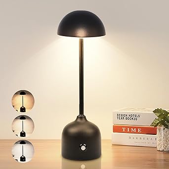 Yoobao Cordless Table Lamp, 4500mAh Battery Operated Lamps, Bedside Lamps, 3 Color Stepless Dimming, Metal Mushroom LED Table Lamp for Bedroom/Living Room/Home Bar/Restaurant/Outdoor (Black)