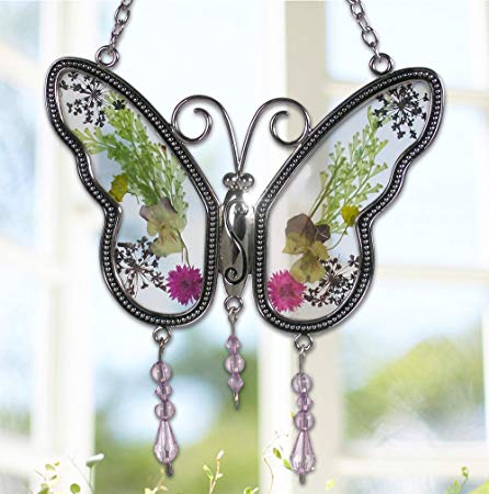 BANBERRY DESIGNS Butterfly Suncatcher with Real Embedded Pressed Flower Wings Window Ornament Decoration Birthday Gift for Mom Grandma Chain for Hanging Metal and Glass 4.25 Inch