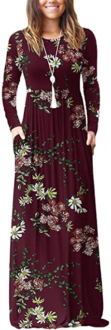 Bluetime Women's Long Sleeve Loose Plain Maxi Dresses Casual Long Dresses with Pockets