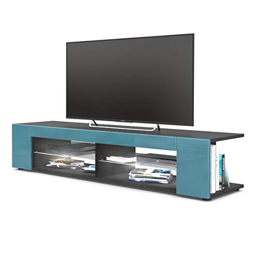 Vladon TV Unit Stand Movie, Carcass in Black matt/Front in Teal High Gloss with LED lighting in White