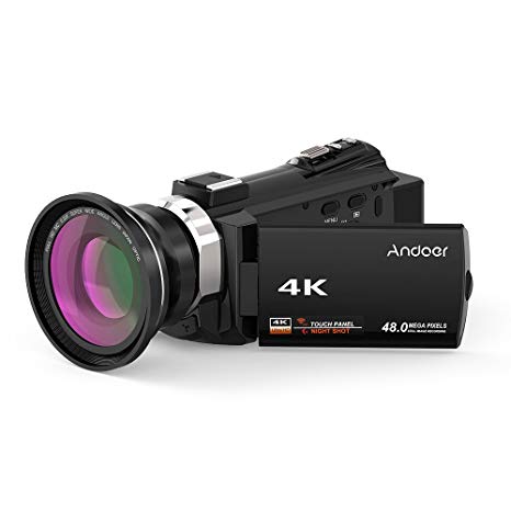 4K Digital Video Camera ,Andoer Ultra HD 48MP Camcorder Recorder with 0.39X Wide Angle Lens,3" Capacitive Touchscreen,External Microphone & Cold Shoe Support IR Infrared Night Vision/16X Zoom (Black)