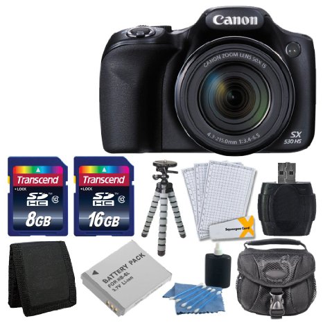 Canon PowerShot SX530 HS 16.0 MP CMOS Digital Camera with 50x Optical Image Stabilized Zoom with 3-Inch LCD HD 1080p Video (Black)  Extra Battery   24GB Class 10 Card Complete Deluxe Accessory Bundle And Much More